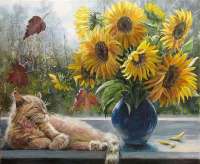 Без бренда «Подсолнухи в синей вазе возле кота» в Астрахане  в интернет-магазине  Без бренда «Подсолнухи в синей вазе возле кота» в Астрахане