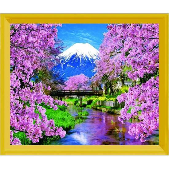 Алмазная мозаика частичная выкладка 21x25 Снежная вершина горы Фуджи и цветущие сакуры