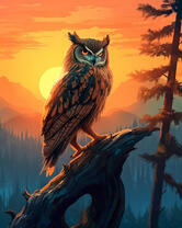 Филин на ветви на фоне заката