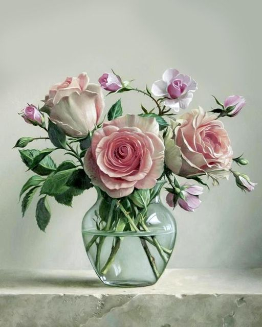 Алмазная мозаика 40x50 Бледно-розовые розы в вазе