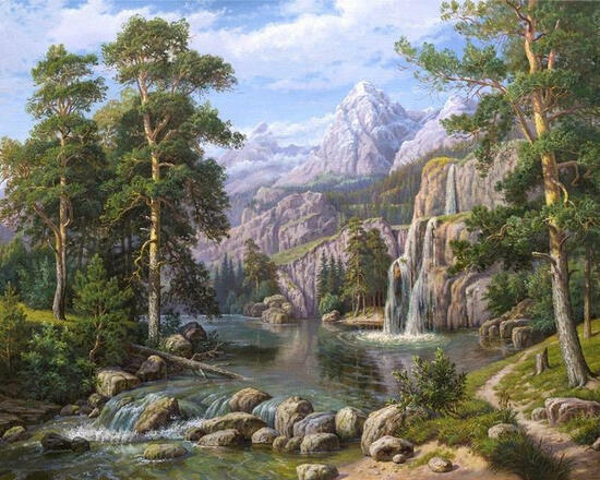 Алмазная мозаика 40x50 Скалистые горы и водопад