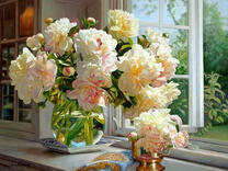 Без бренда «Ваза с букетом белых пионов у окна» в Астрахане 