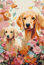 Мама и щенок в цветах