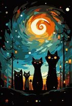 Чёрные коты на ночной прогулке