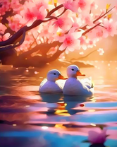 Две розовые уточки под цветущей веткой
