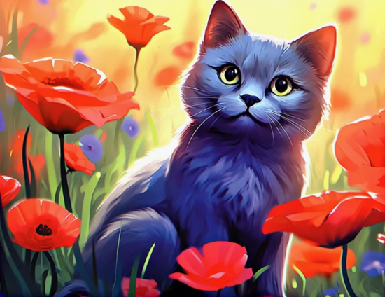 Алмазная мозаика 40x50 Серый котик и маки