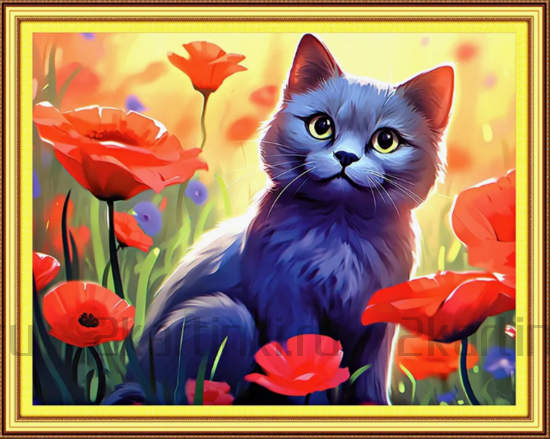 Алмазная мозаика 40x50 Серый котик и маки