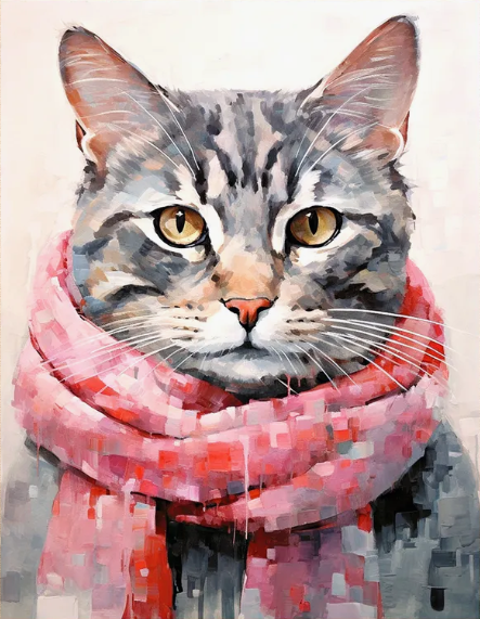 Алмазная мозаика 40x50 Серый котик в розовом шарфе