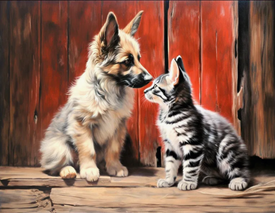 Алмазная мозаика 40x50 Знакомство котенка и щенка