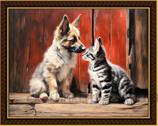 Алмазная мозаика 40x50 Знакомство котенка и щенка