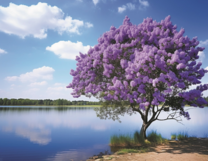 Фиолетовое дерево и вид на реку